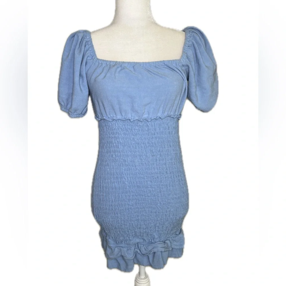 Vici Collection Light Blue Square Neck Puff Sleeve Smocked Mini Dress M Medium